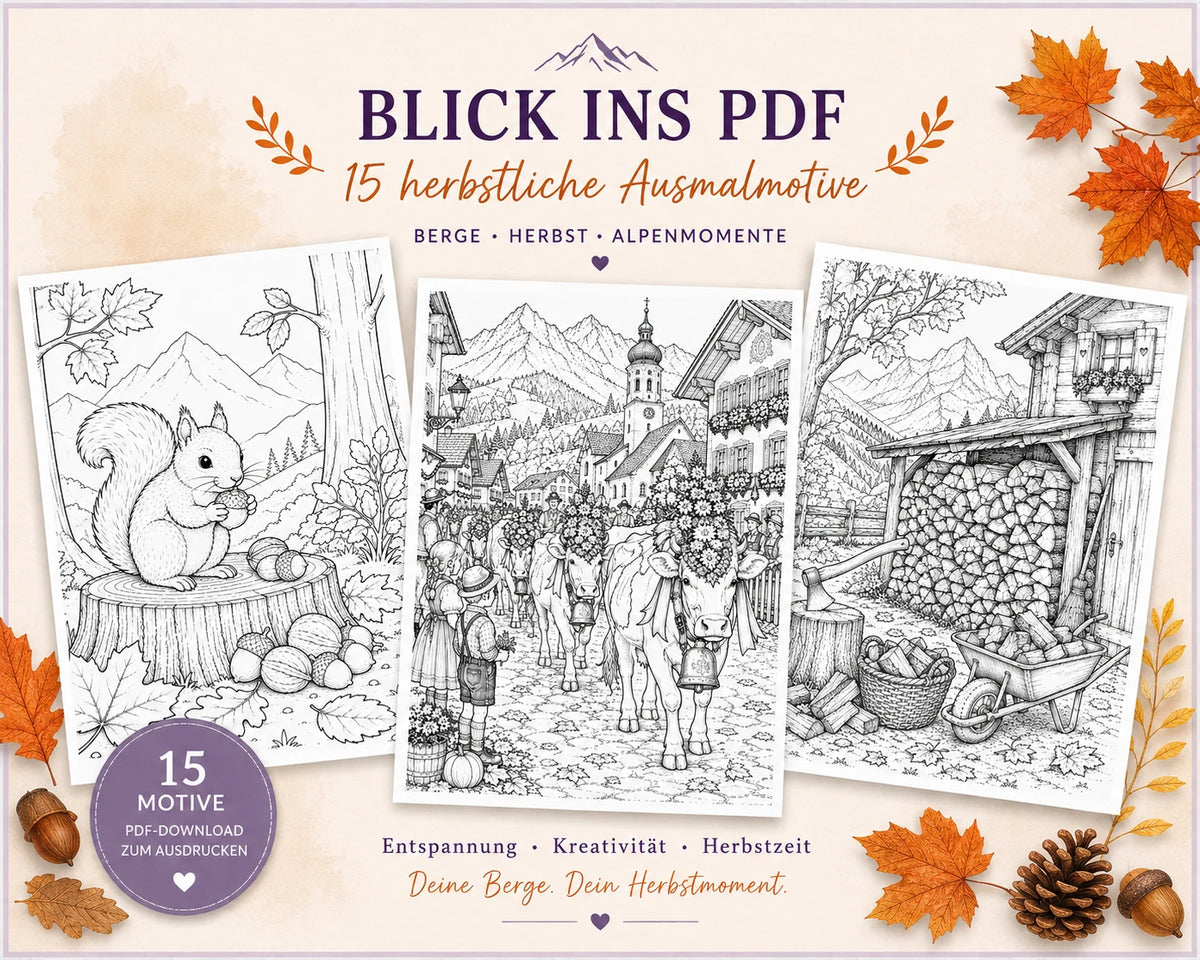 Blick ins PDF Alpenliebe Herbstzauber – Ausmalbilder Herbst für Erwachsene