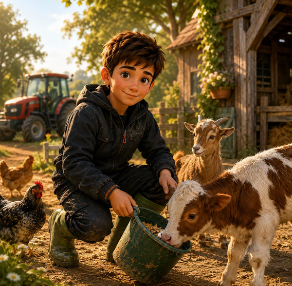 Leon auf dem Bauernhof mit Kalb und weiteren Tieren
