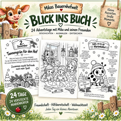Blick ins Buch des Mikas Bauernhofwelt Adventskalenders mit drei Beispielseiten, Mika, Weihnachtsmotiven und verstecktem Marienkäfer