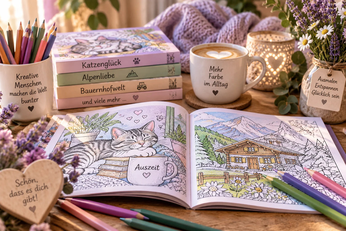 Ausgemalte Motive aus Mikas Malwelt mit Buntstiften, Katze und Alpenlandschaft auf einem gemütlichen Maltisch